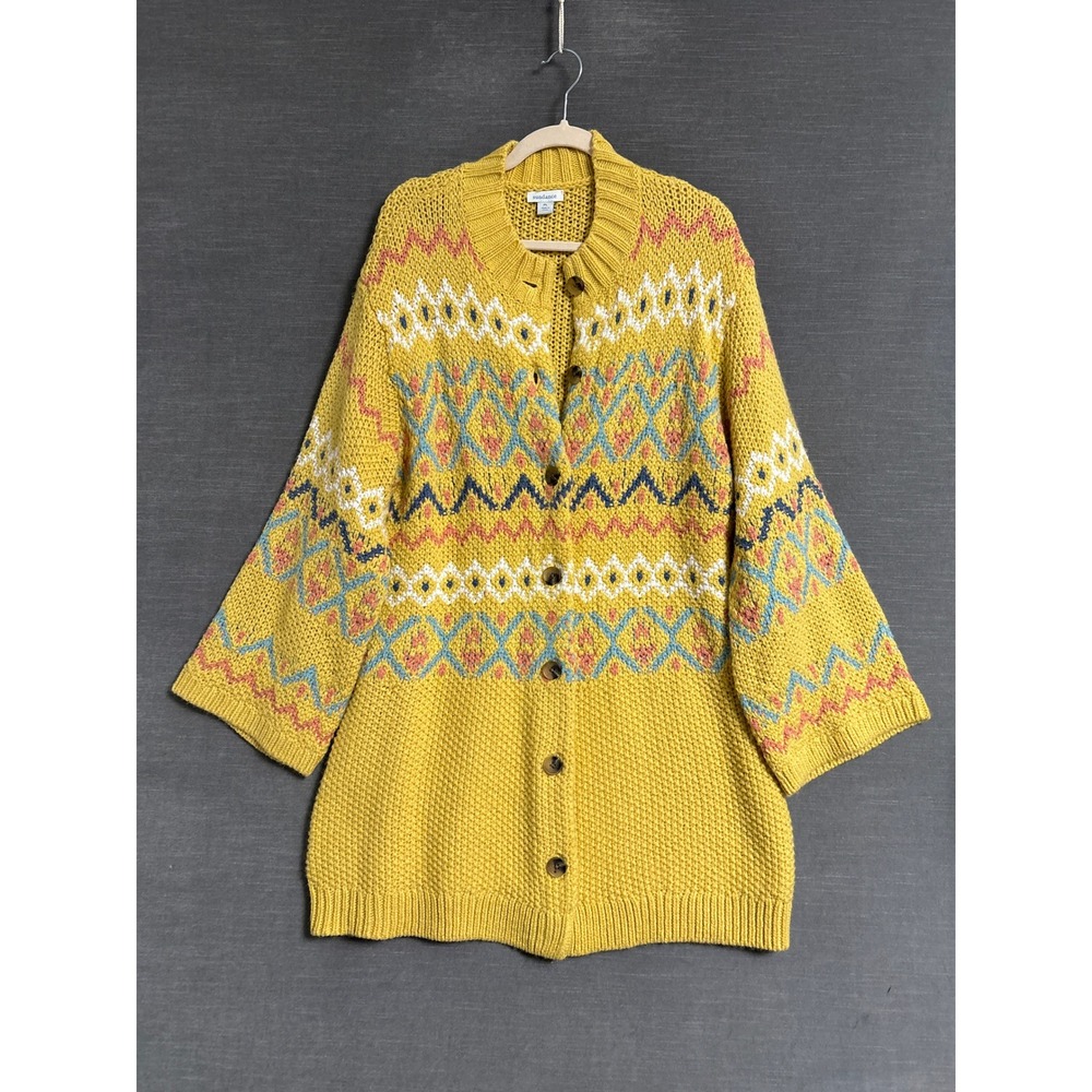 Sundance Cardigan Sweater L Petite Yellow Wool Blend Fair Isle Longline Cabin PL